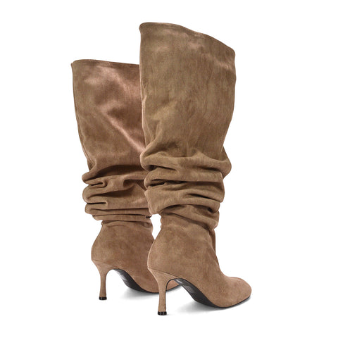 Taupe knee-high boots with elegant high heels