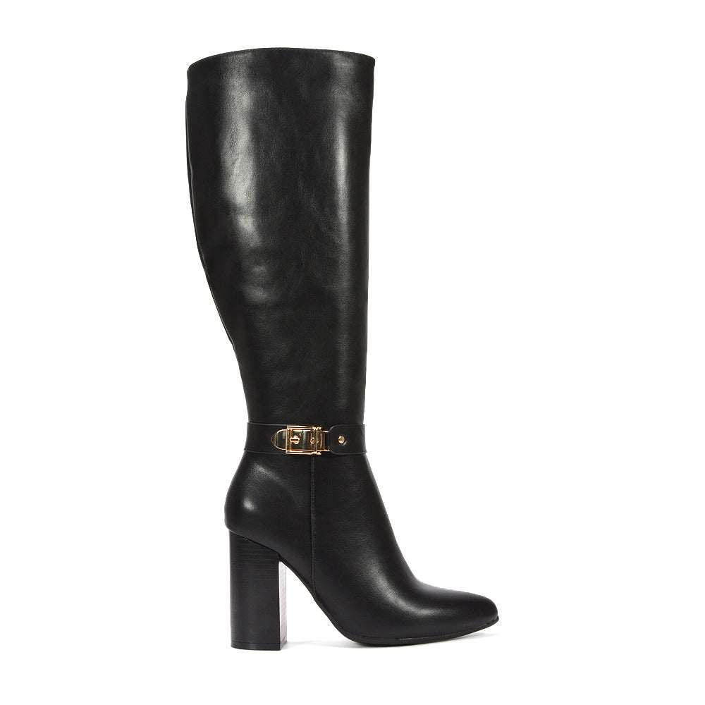 black wide leg boots, black knee high boots, Sleek black boots, Date night boots, Black boots with gold detail