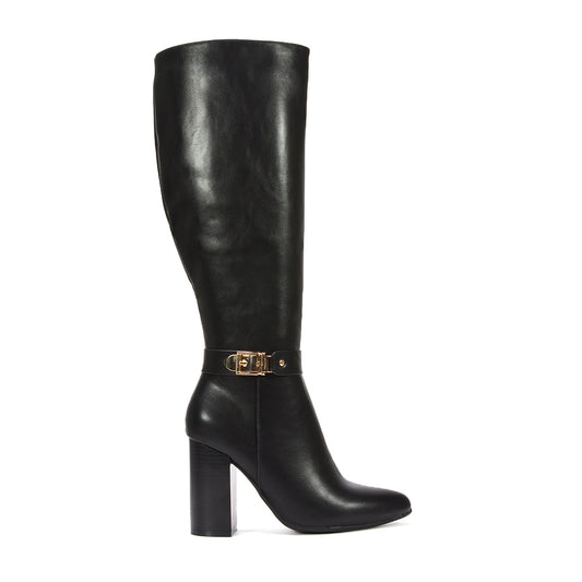 black wide leg boots, black knee high boots, Sleek black boots, Date night boots, Black boots with gold detail