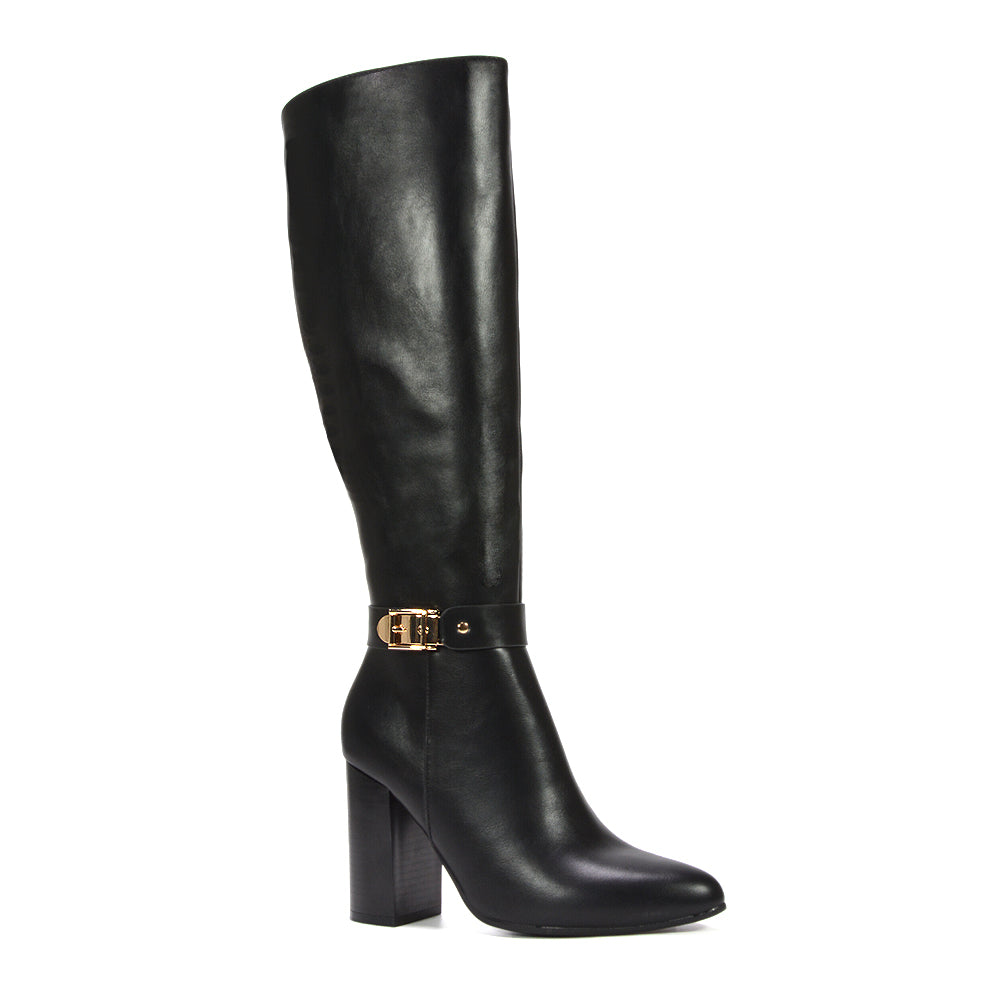 black heeled boots, Black boots with buckle, Trendy knee boots, Synthetic leather boots