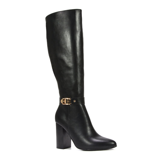 black heeled boots, Black boots with buckle, Trendy knee boots, Synthetic leather boots
