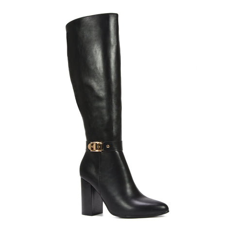 black heeled boots, Black boots with buckle, Trendy knee boots, Synthetic leather boots