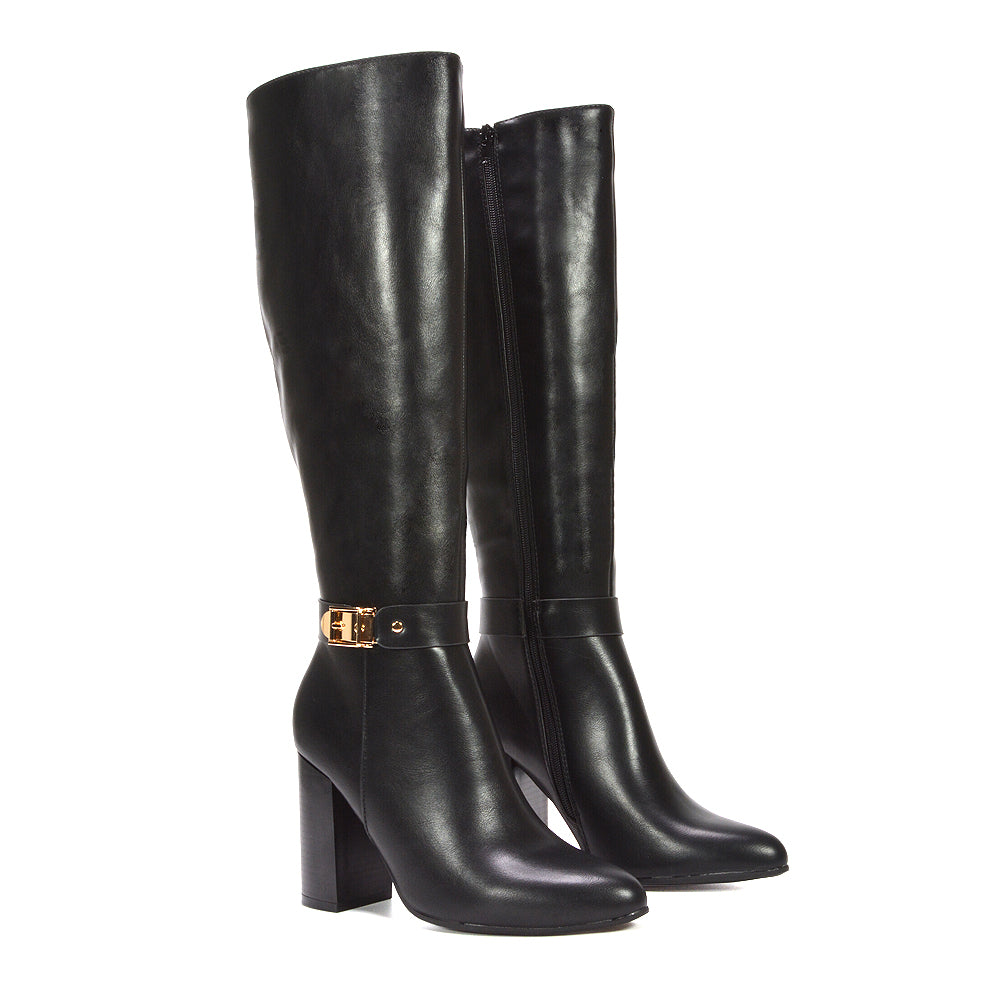 black heeled knee high boots, Black high heel knee boots for women with gold buckle, Perfect boots for winter brunch outfits