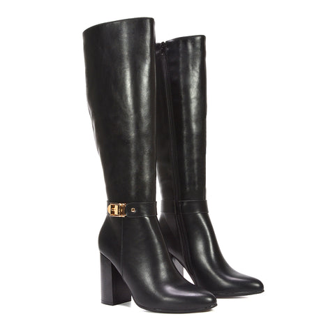 black heeled knee high boots, Black high heel knee boots for women with gold buckle, Perfect boots for winter brunch outfits
