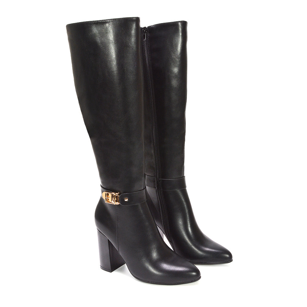black long boots, wide calf boots, Women’s high heel boots for winter season, Stylish faux leather boots for winter outfits