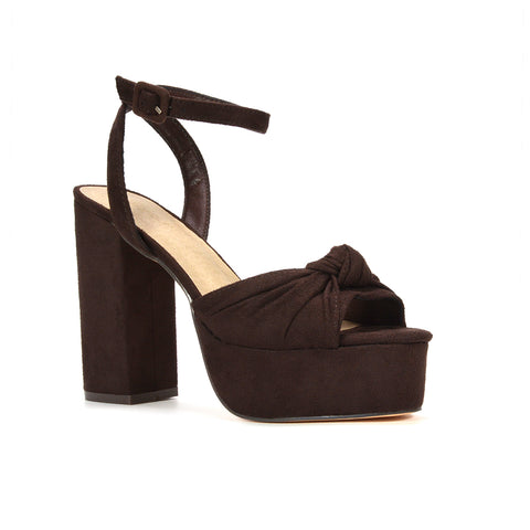 brown ankle strap platform heels for wedding guest outfit, brown block heel sandals for party wear