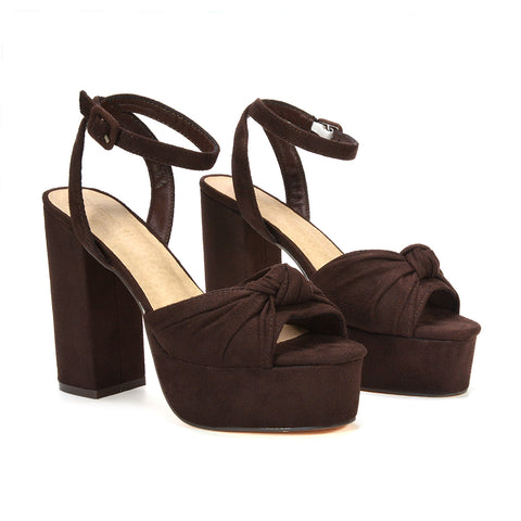 women’s brown ankle strap platform block heel sandals shoes, brown buckle strap platform high heel sandals, trendy brown ankle strap platform block heels, chic brown chunky platform heels for women