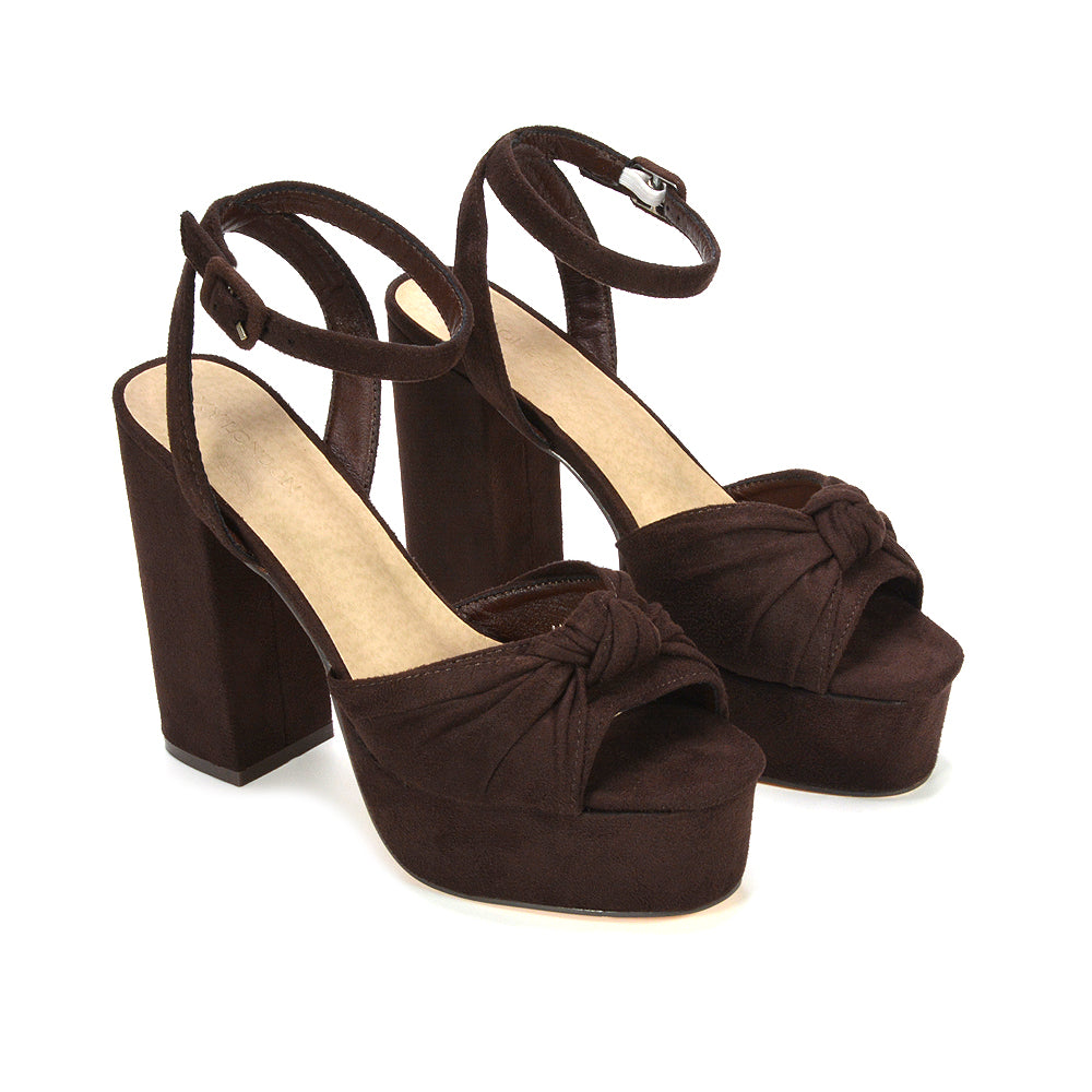 brown platform sandals for summer outfits, brown high heels for date night style, brown chunky block heel sandals for women, brown faux leather ankle strap platform heels