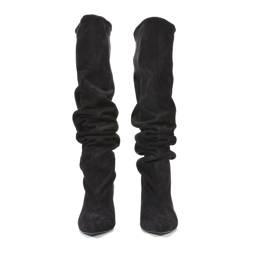 women's black ruched knee-high heeled boots