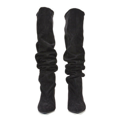 women's black ruched knee-high heeled boots