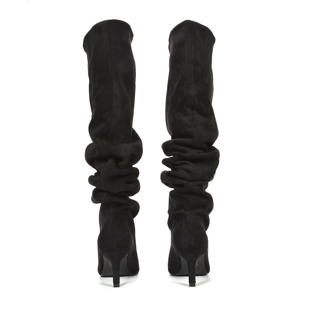 black knee-high boots with slim heel for women