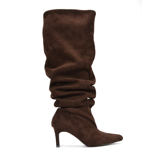 chocolate brown pointed-toe tall boots
