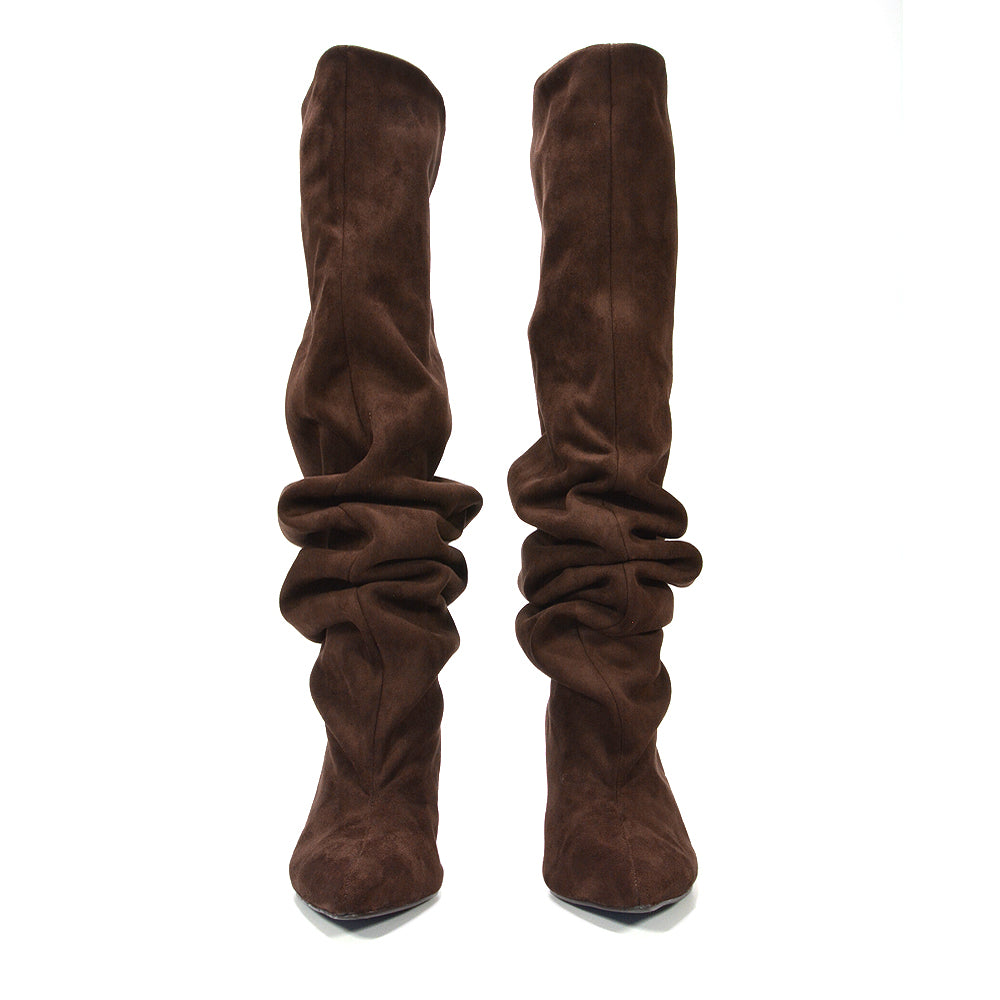 women's brown ruched tall boots with pointed toes