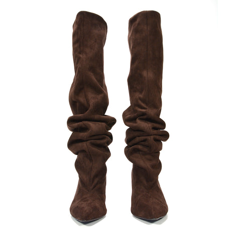 women's brown ruched tall boots with pointed toes