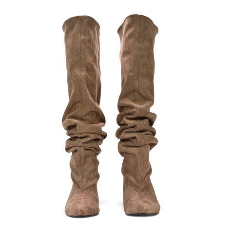 taupe ruched tall boots for women