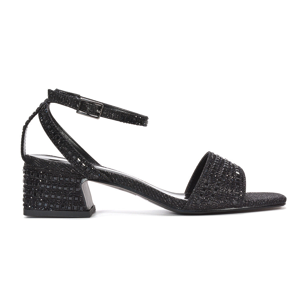 Black sparkly diamante strappy block heel sandals, Black diamante mid block heel sandals for women, Women's black glitter block heel sandals, Black strappy diamante evening sandals