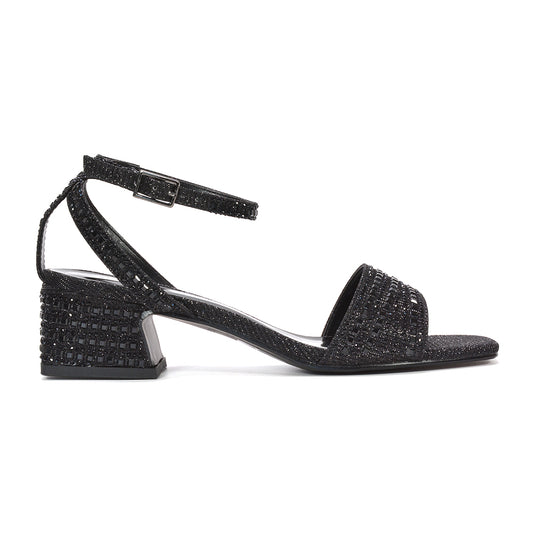 Black sparkly diamante strappy block heel sandals, Black diamante mid block heel sandals for women, Women's black glitter block heel sandals, Black strappy diamante evening sandals