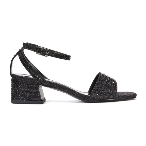 Black sparkly diamante strappy block heel sandals, Black diamante mid block heel sandals for women, Women's black glitter block heel sandals, Black strappy diamante evening sandals