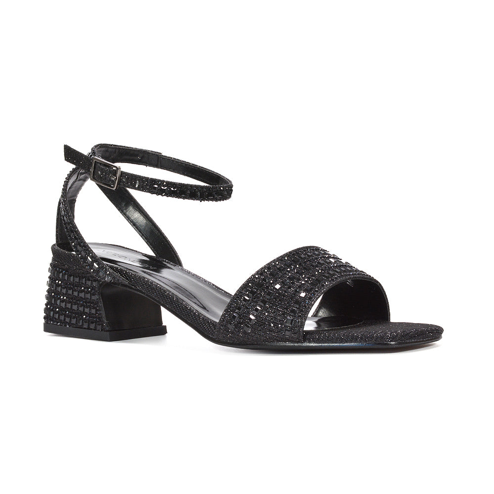 Black rhinestone block heel party sandals, Black open toe block heel sandals with diamantes, Black ankle strap sparkly block heel sandals, Black dressy diamante sandals for women