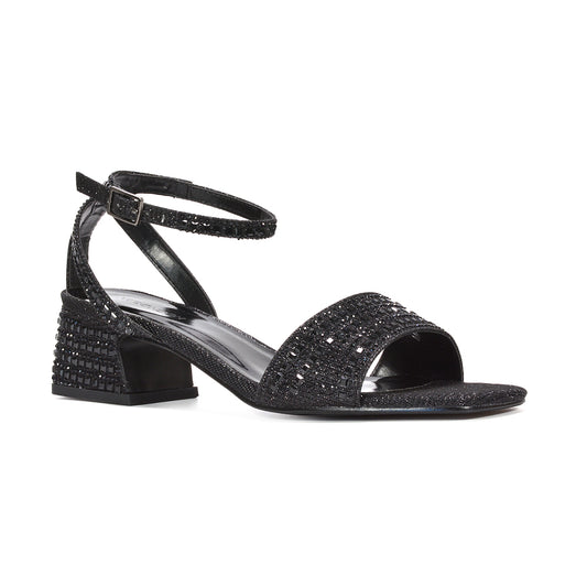 Black rhinestone block heel party sandals, Black open toe block heel sandals with diamantes, Black ankle strap sparkly block heel sandals, Black dressy diamante sandals for women