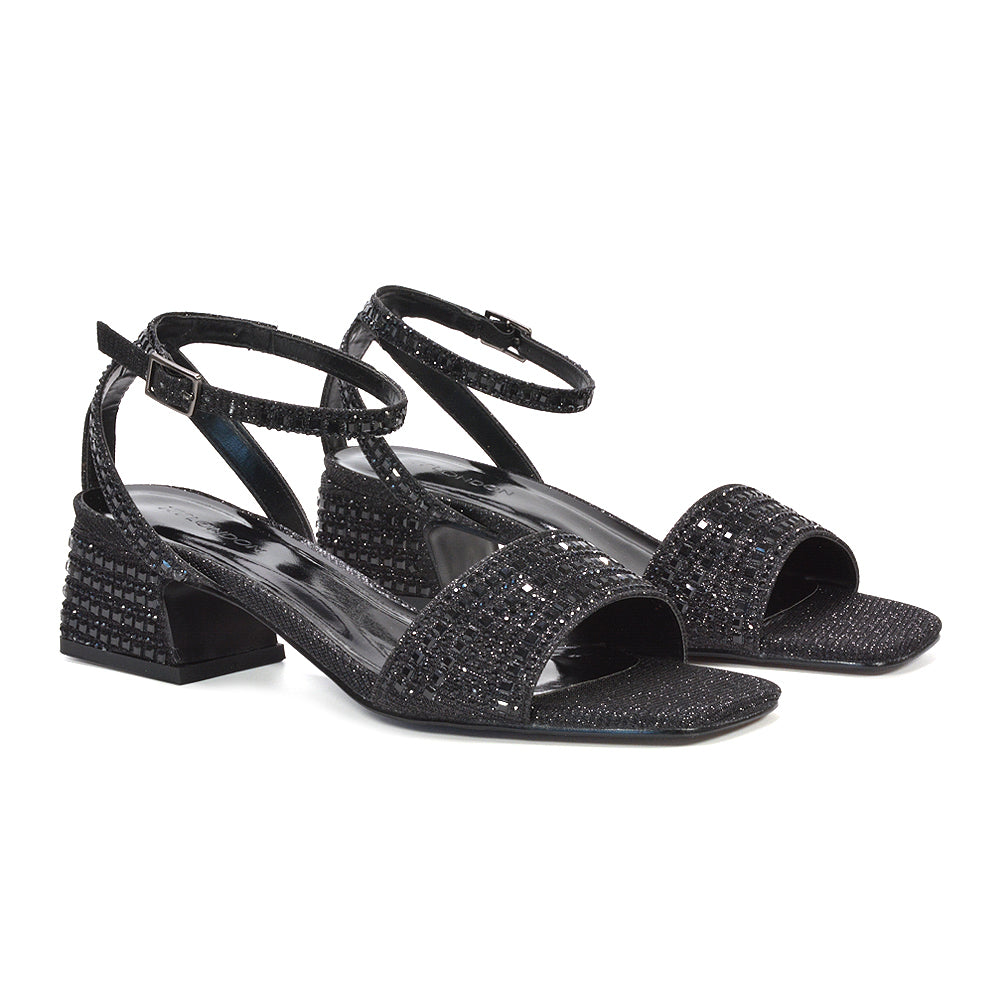 Black formal block heel sandals, Black wedding guest block heel sandals, Black occasion sandals with diamante straps, Comfortable black mid block heel sandals
