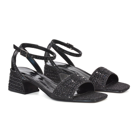 Black formal block heel sandals, Black wedding guest block heel sandals, Black occasion sandals with diamante straps, Comfortable black mid block heel sandals