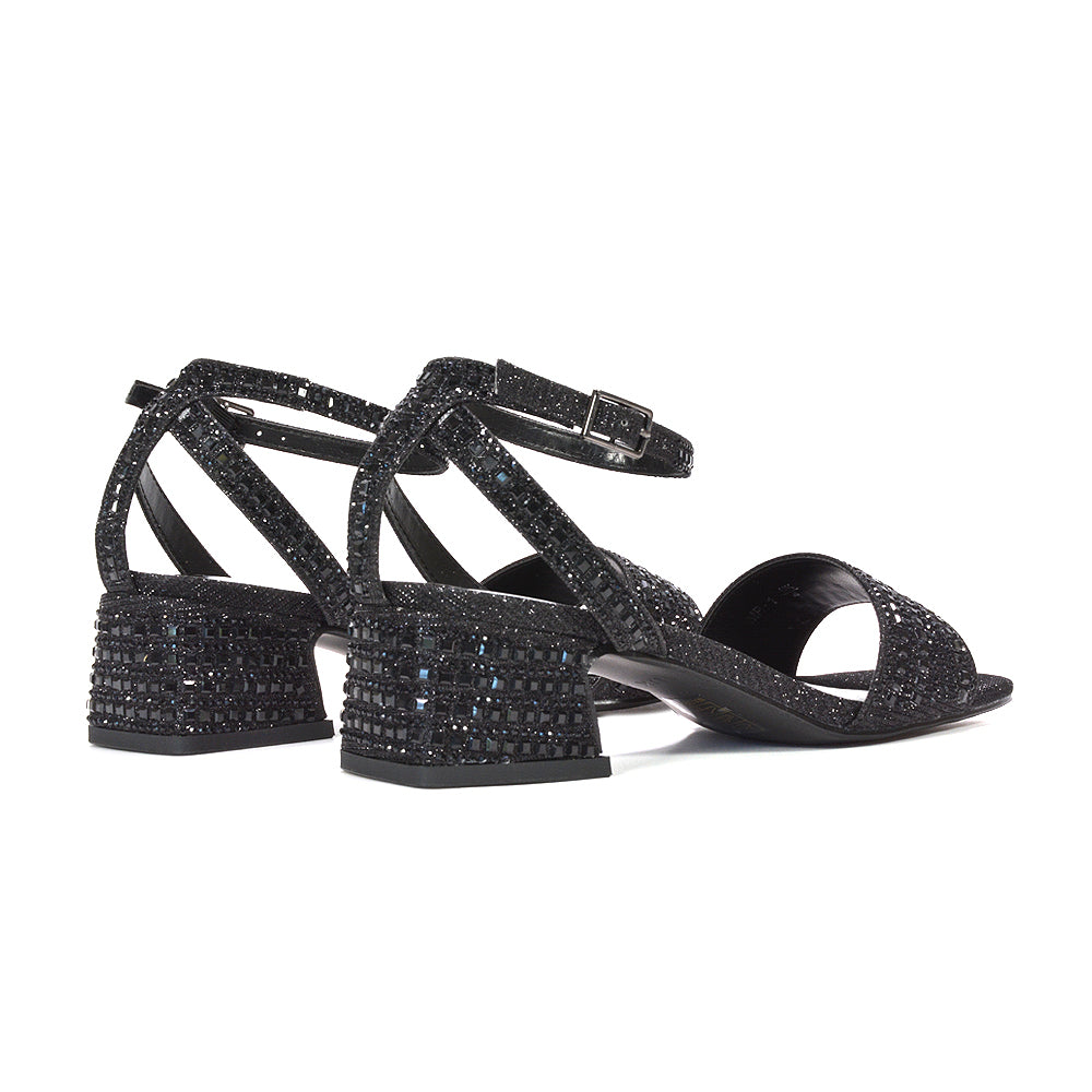 Black crystal embellished evening sandals, Black strappy heels for parties and events, Women's black block heel dress sandals, Elegant black diamante party shoes