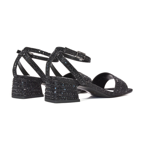 Black crystal embellished evening sandals, Black strappy heels for parties and events, Women's black block heel dress sandals, Elegant black diamante party shoes