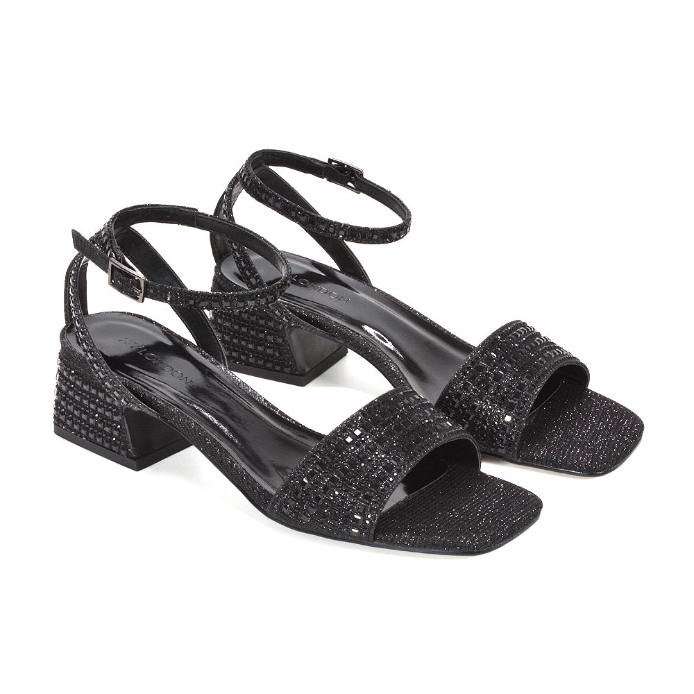Black glitter evening sandals with block heel, Black low mid heel occasion sandals, Women's black sparkly sandals for weddings, Black block heel sandals for prom
