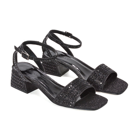Black glitter evening sandals with block heel, Black low mid heel occasion sandals, Women's black sparkly sandals for weddings, Black block heel sandals for prom