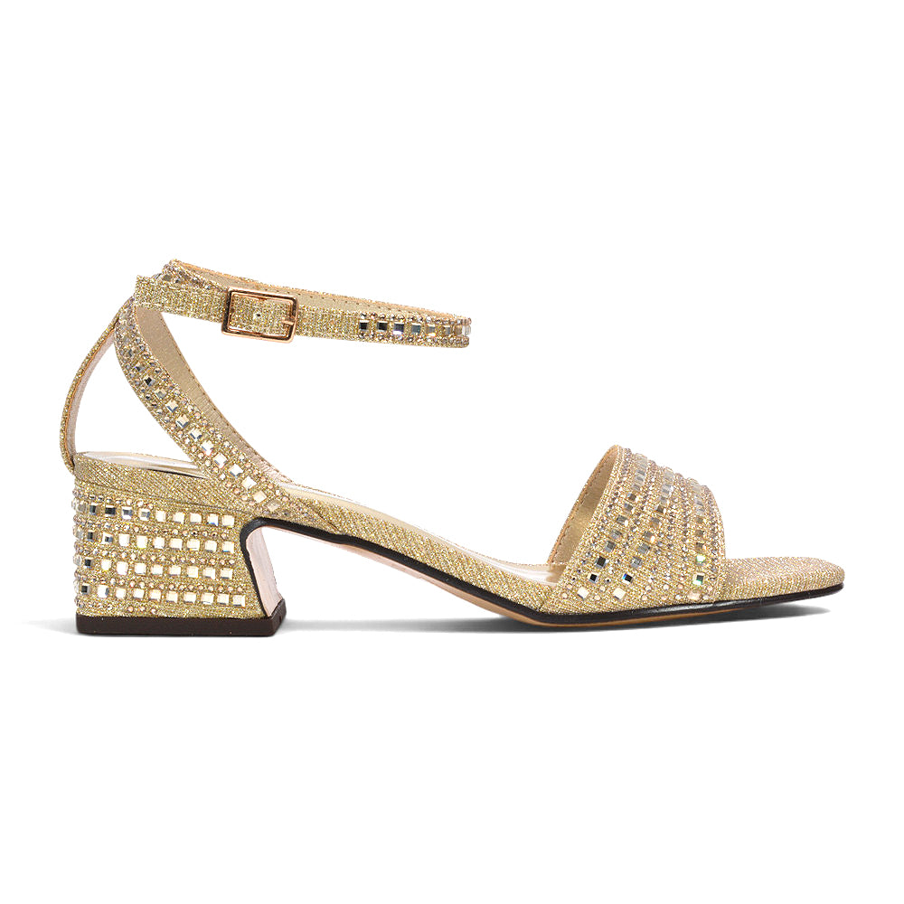 Gold evening sandals with crystal embellishment, Champagne gold party sandals for women, Metallic gold block heel occasion shoes, Gold wedding reception sandals