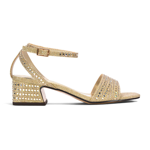 Gold sparkly diamante strappy block heel sandals