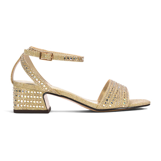 Gold evening sandals with crystal embellishment, Champagne gold party sandals for women, Metallic gold block heel occasion shoes, Gold wedding reception sandals