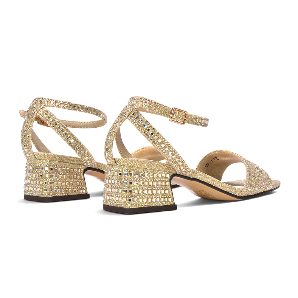 Gold sandals for wedding guests, Crystal-encrusted gold evening shoes, Gold celebration sandals with block heel, Gold occasion footwear for women