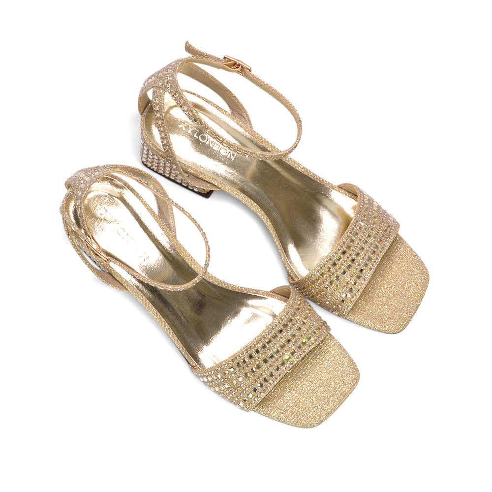 Gold sandals with sparkling crystal straps, Gold dress sandals with supportive block heel, Women's elegant gold formal sandals, Gold festive occasion sandals
