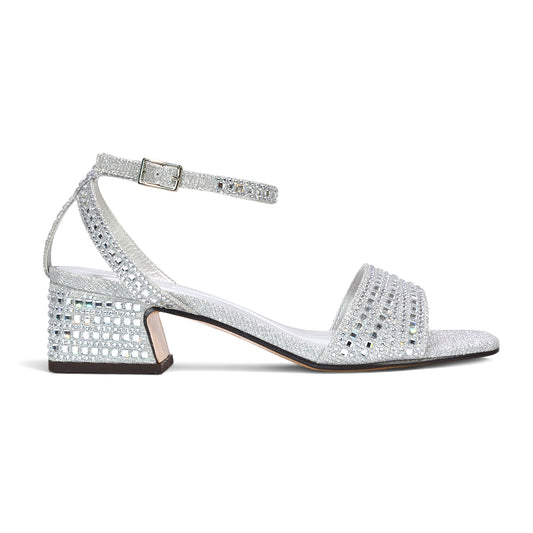 Silver crystal embellished evening sandals, Metallic silver block heel dress sandals, Silver shimmer strappy occasion sandals, Women's silver party heels with block heel