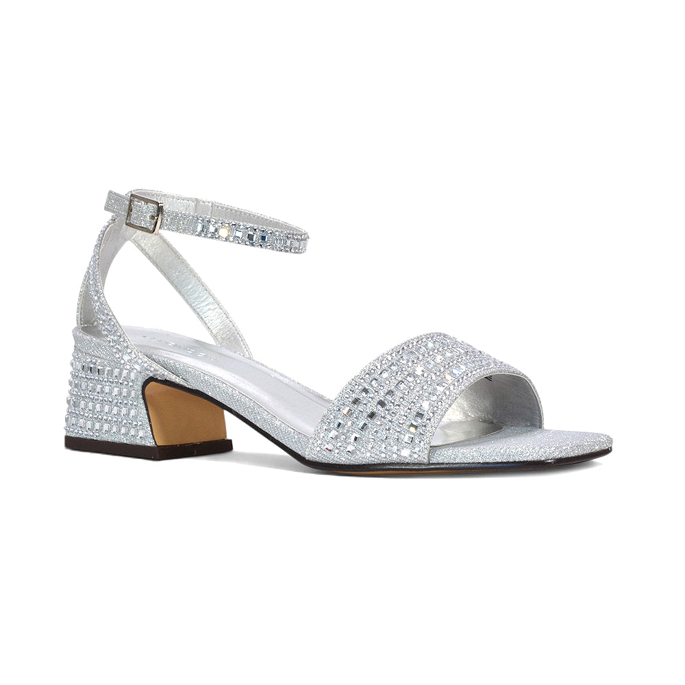 Silver wedding guest sandals, Silver bridesmaid block heel sandals, Silver bridal reception shoes, Silver formal sandals for women