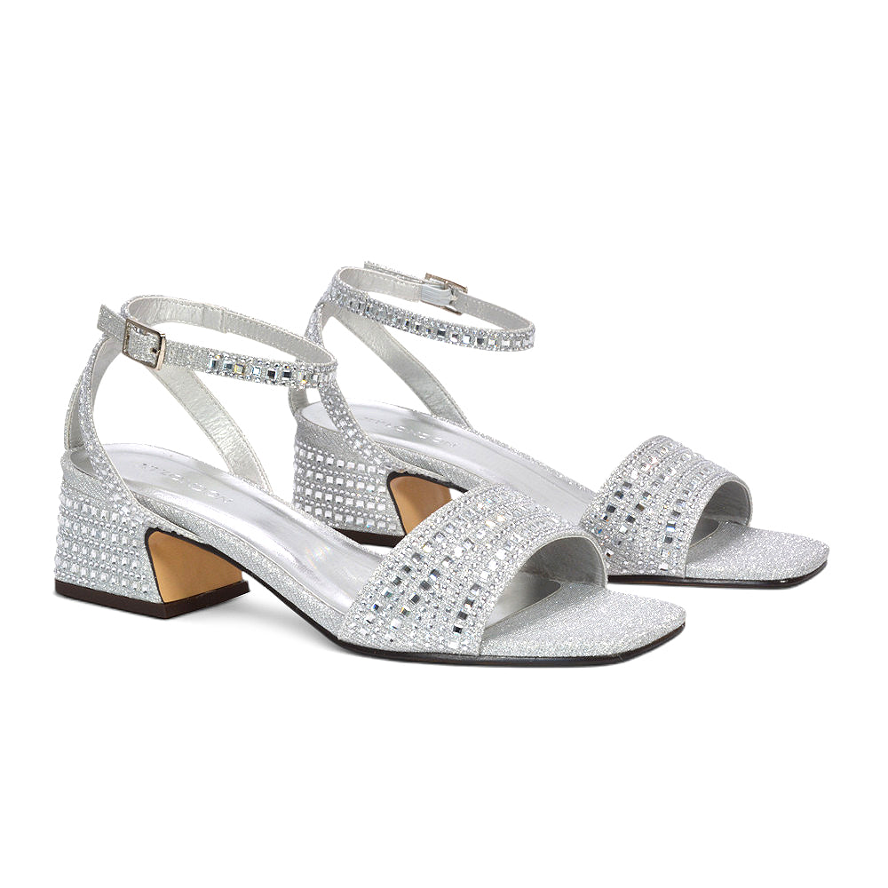 Women's silver low block heel sandals, Silver cocktail party heels, Silver celebration sandals for women, Silver occasion footwear with block heel
