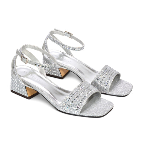 silver block heel sandals, Women's metallic silver occasion shoes, Silver evening footwear with ankle strap, Silver embellished formal sandals