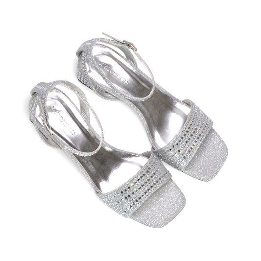Silver diamante block heel sandals for women, Silver sparkle block heel party shoes, Women's silver strappy evening heels, Silver crystal block heel sandals