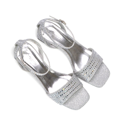 Silver diamante block heel sandals for women, Silver sparkle block heel party shoes, Women's silver strappy evening heels, Silver crystal block heel sandals