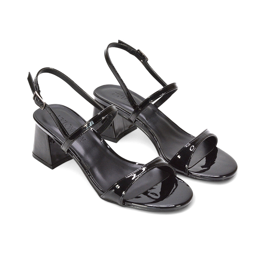 black bridal heels, black wedding heels, women's strappy block heel sandals, elegant summer heeled shoes