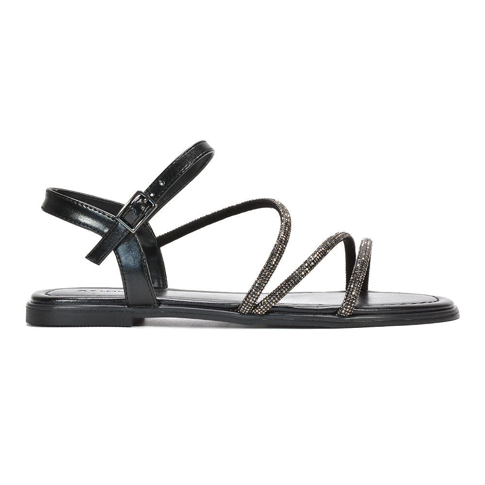 diamante ankle strap flat sandals for holidays, diamante flat sandals, black diamante flat sandals, black diamante ankle strap flat sandals for holidays