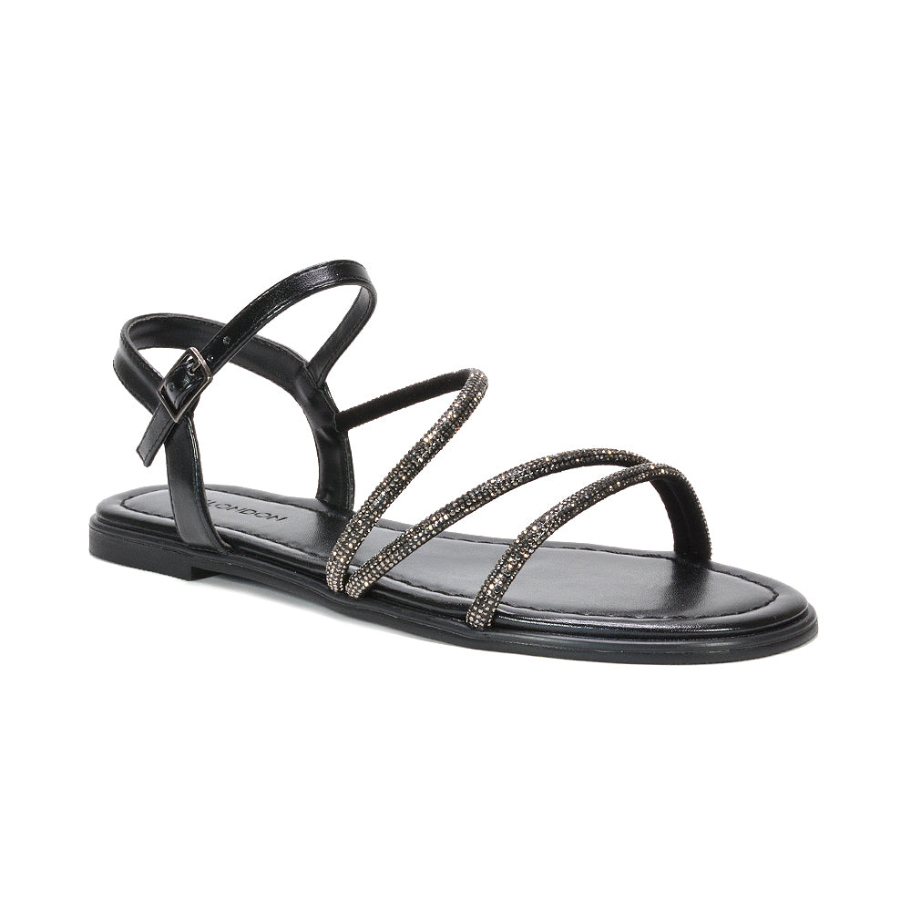ankle strap flat sandals, women’s sparkly flat sandals for beach vacation, black ankle strap sandals, women’s black sparkly sandals for evening wear