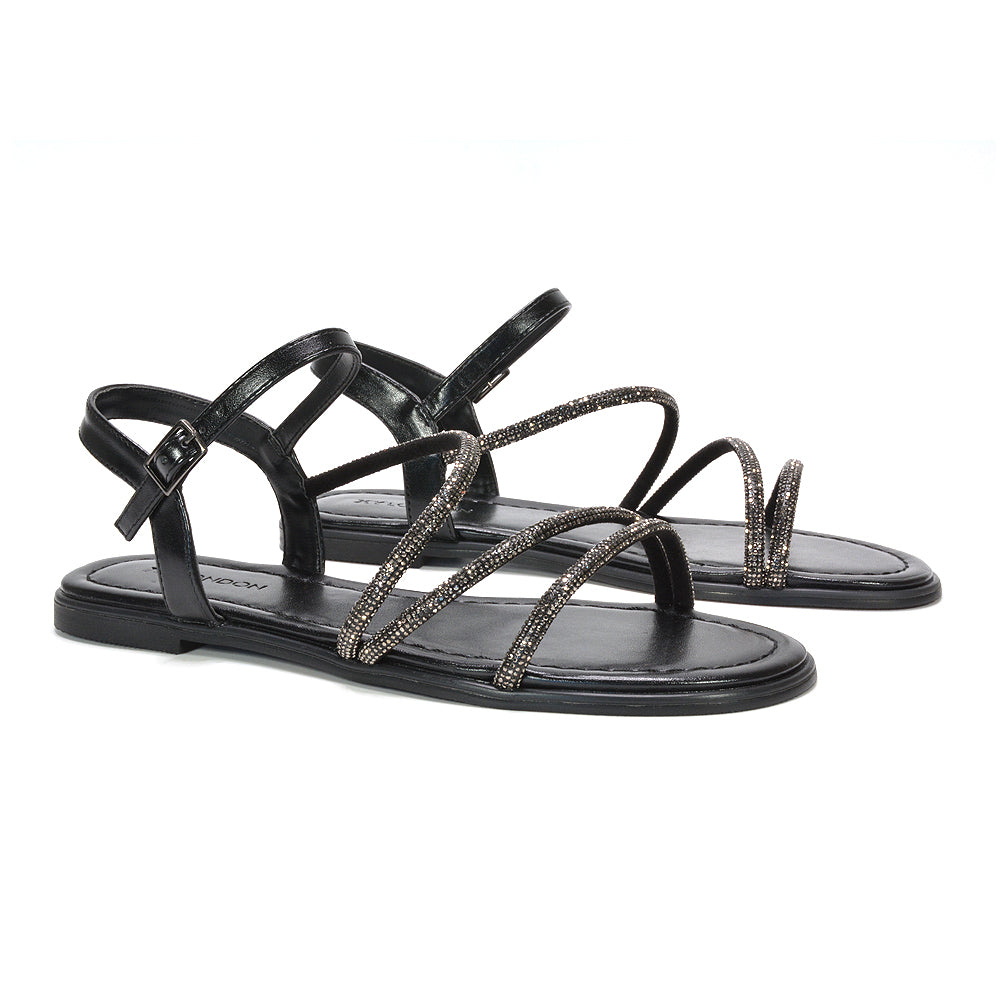 holiday flat sandals, comfortable rhinestone sandals with ankle strap, black rhinestone sandals, black diamante sandals for holiday evenings