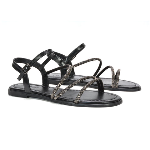 holiday flat sandals, comfortable rhinestone sandals with ankle strap, black rhinestone sandals, black diamante sandals for holiday evenings