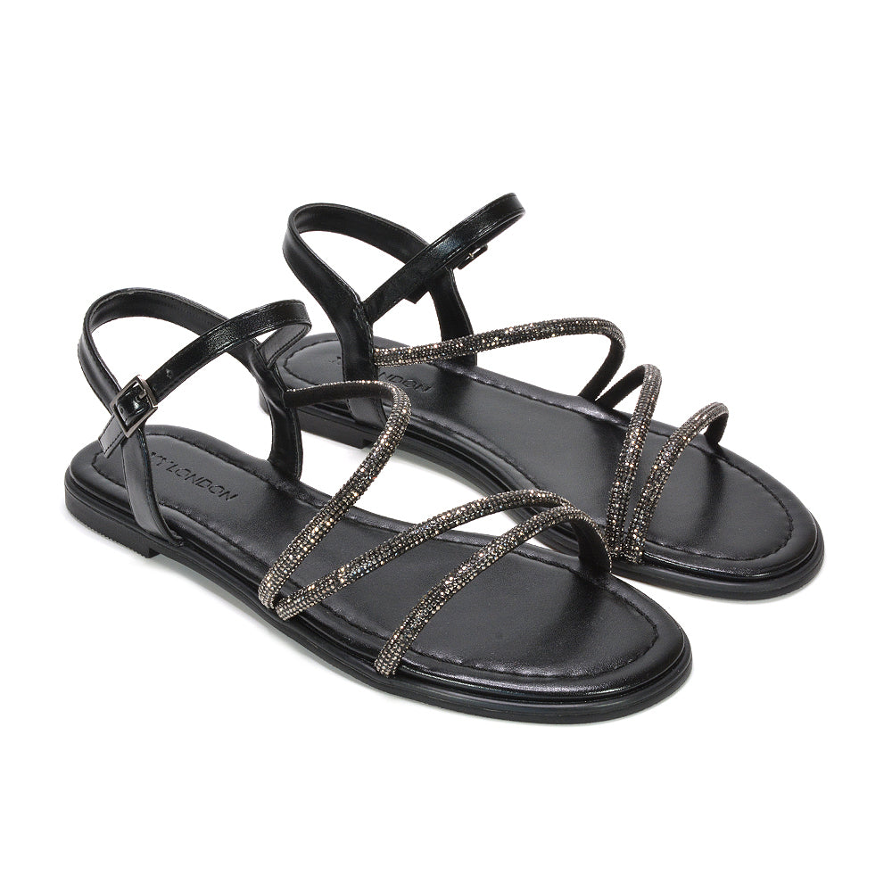 black sparkly ankle strap sandals for parties, black evening holiday sandals, sparkly flat sandals, wedding guest flat sandals