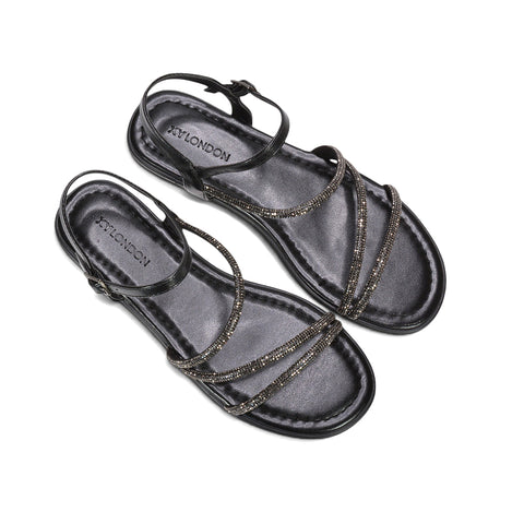 black holiday sandals women, black evening holiday sandals, diamante holiday sandals women, sparkly ankle strap flat sandals