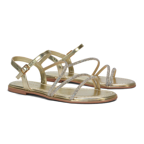 embellished summer holiday shoes, gold gem sandals women, gold sparkly ankle strap sandals for evening wear, elegant gold flat sandals for summer evenings, gold rhinestone sandals 