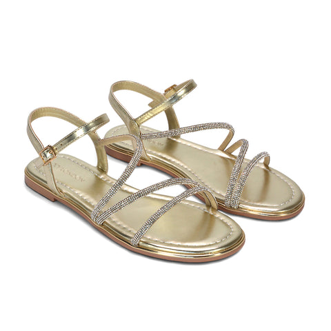 open toe diamante sandals women, gold embellished sandals for resort evenings, gold bridal sandals flat, gold holiday sandals
